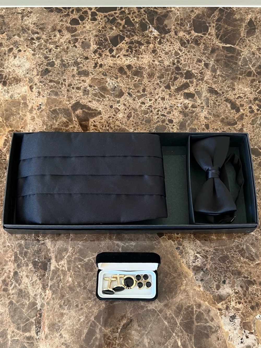Classic Black Cummerbund, Bow Tie and Gold Tone and Black Cuff Link Set